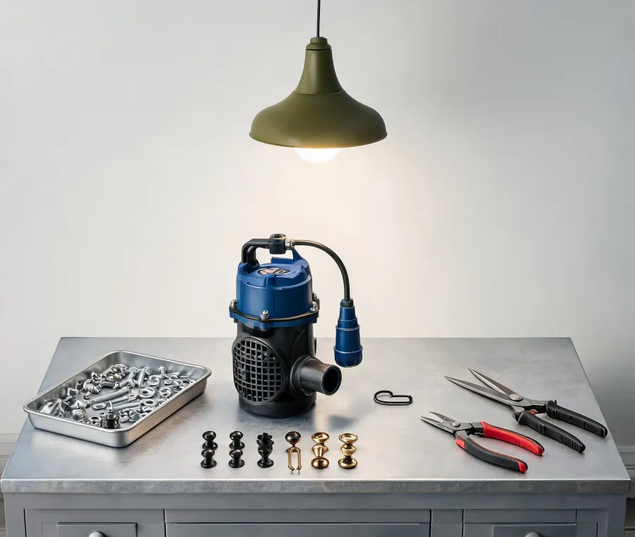 Wayne pump and hardware product system on a workbench