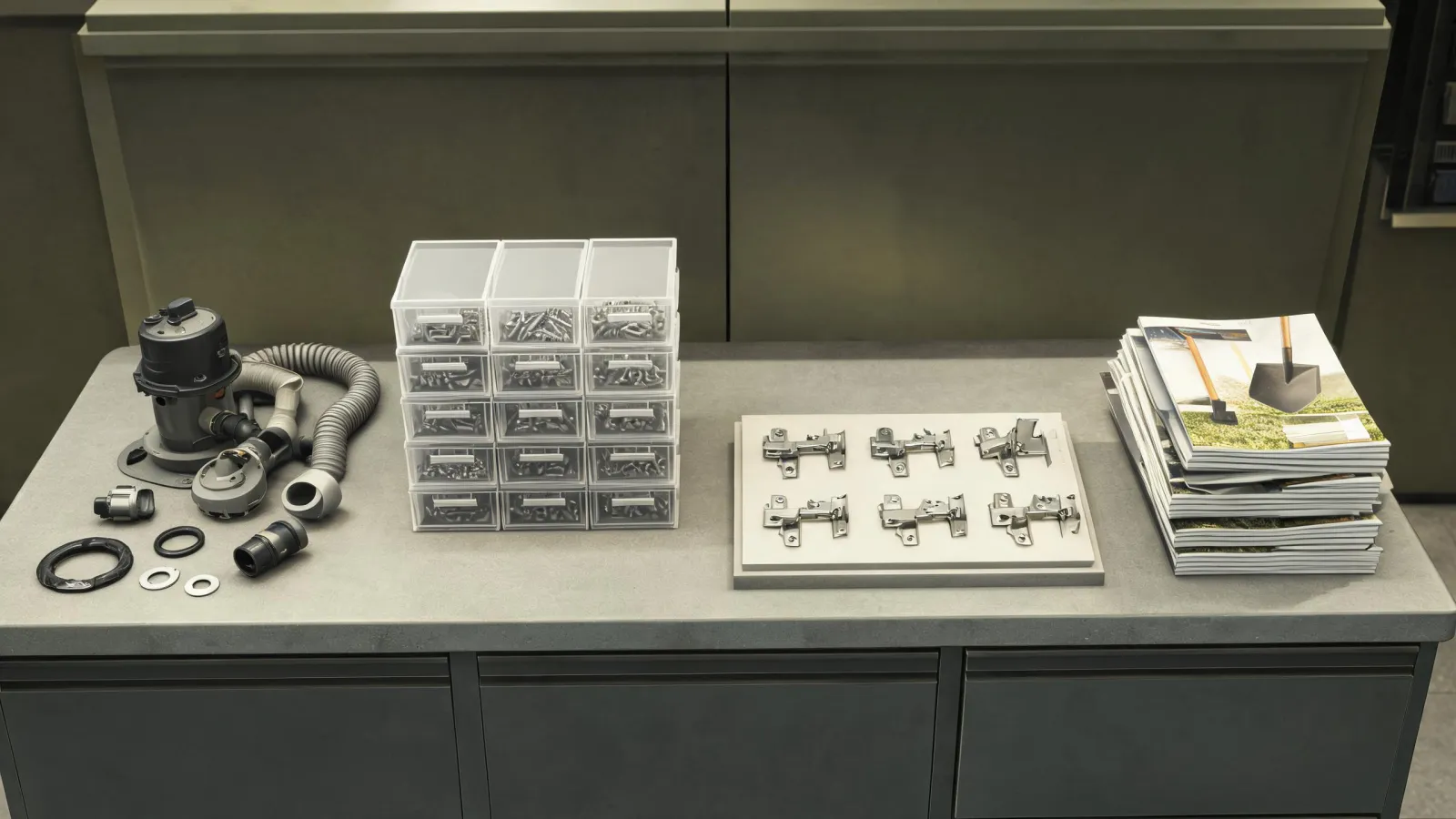 Wayne service desk with pump parts and fastener bins